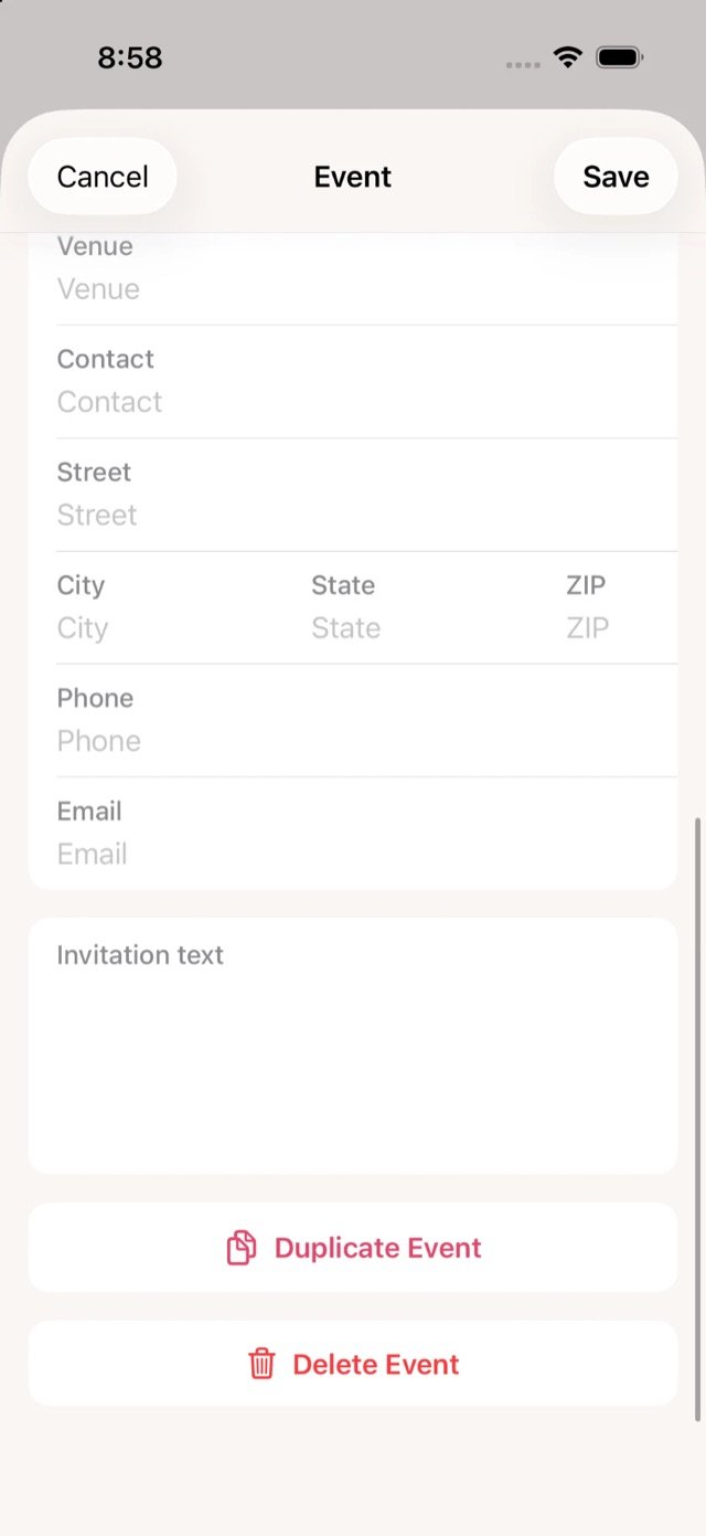 Event settings scrolled to venue, contact and invitation text fields