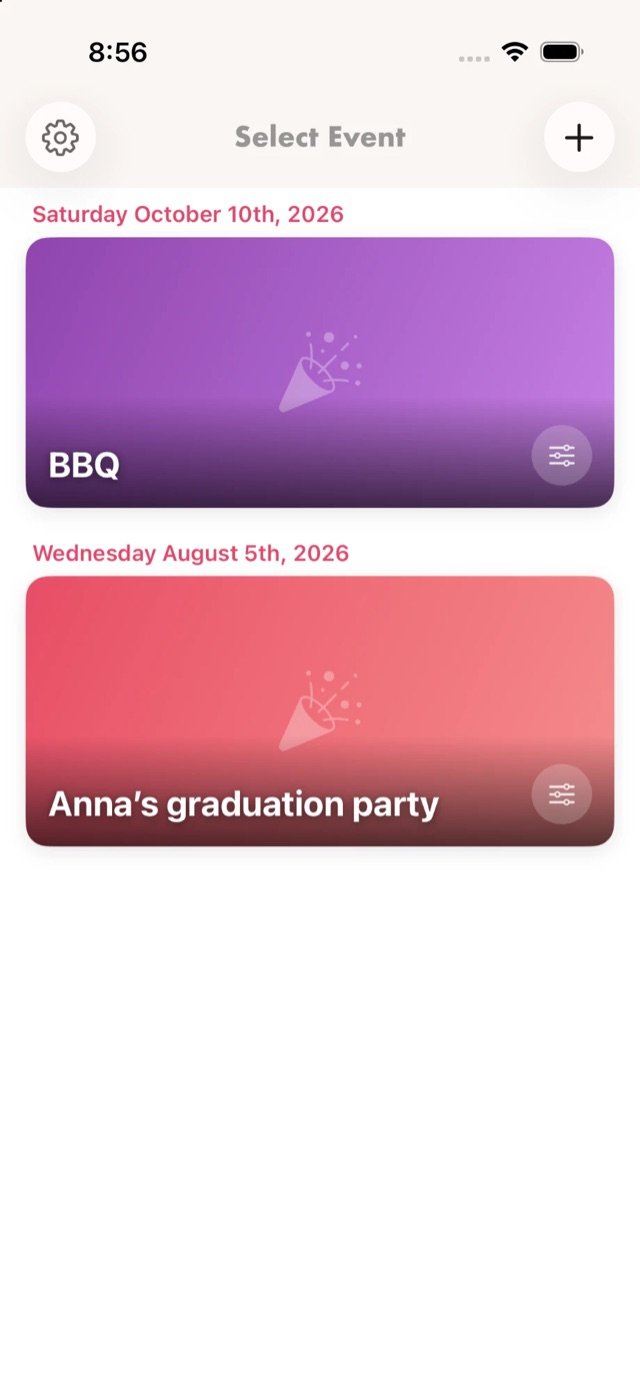 Select Event screen listing BBQ and Anna's graduation party