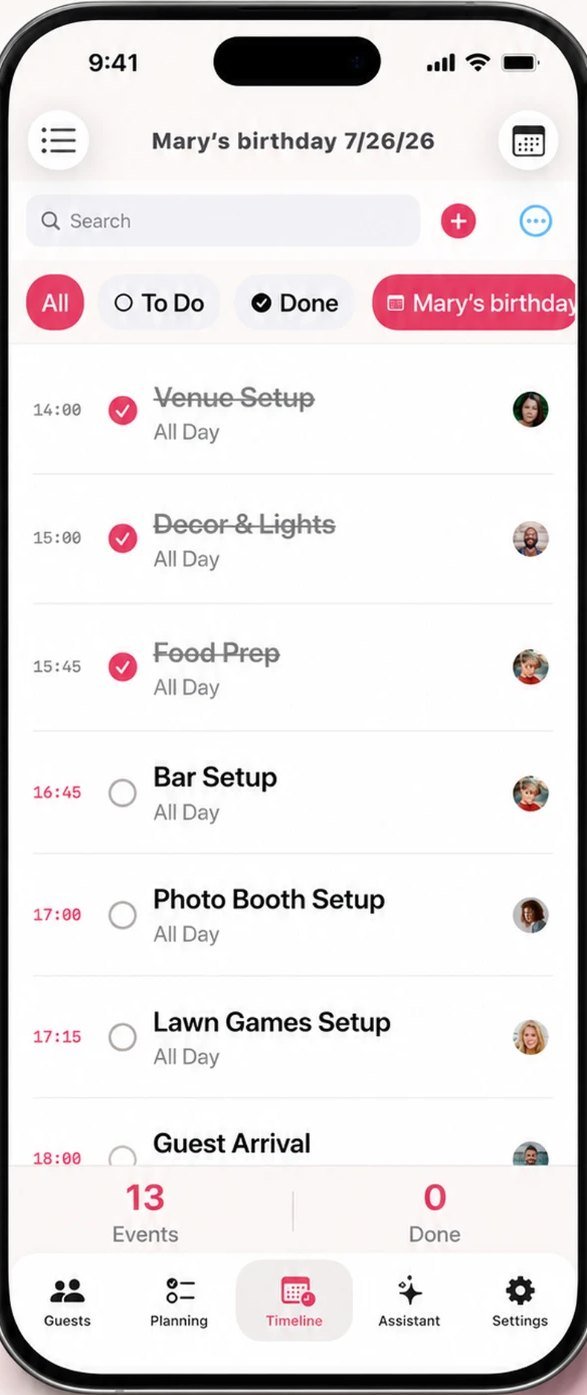 Party day timeline with times, owners and completion ticks